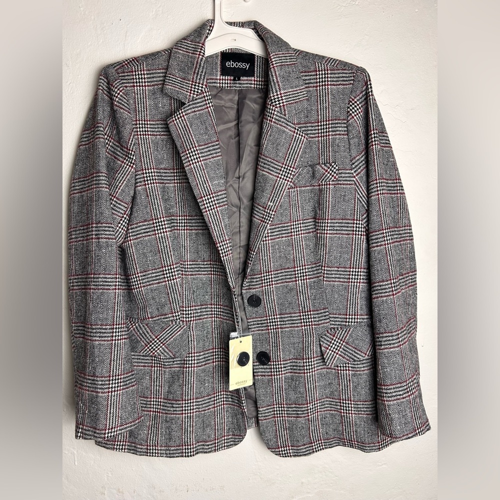 Ebossy Plaid Blazer Jacket Gray Red Check NWT Size L